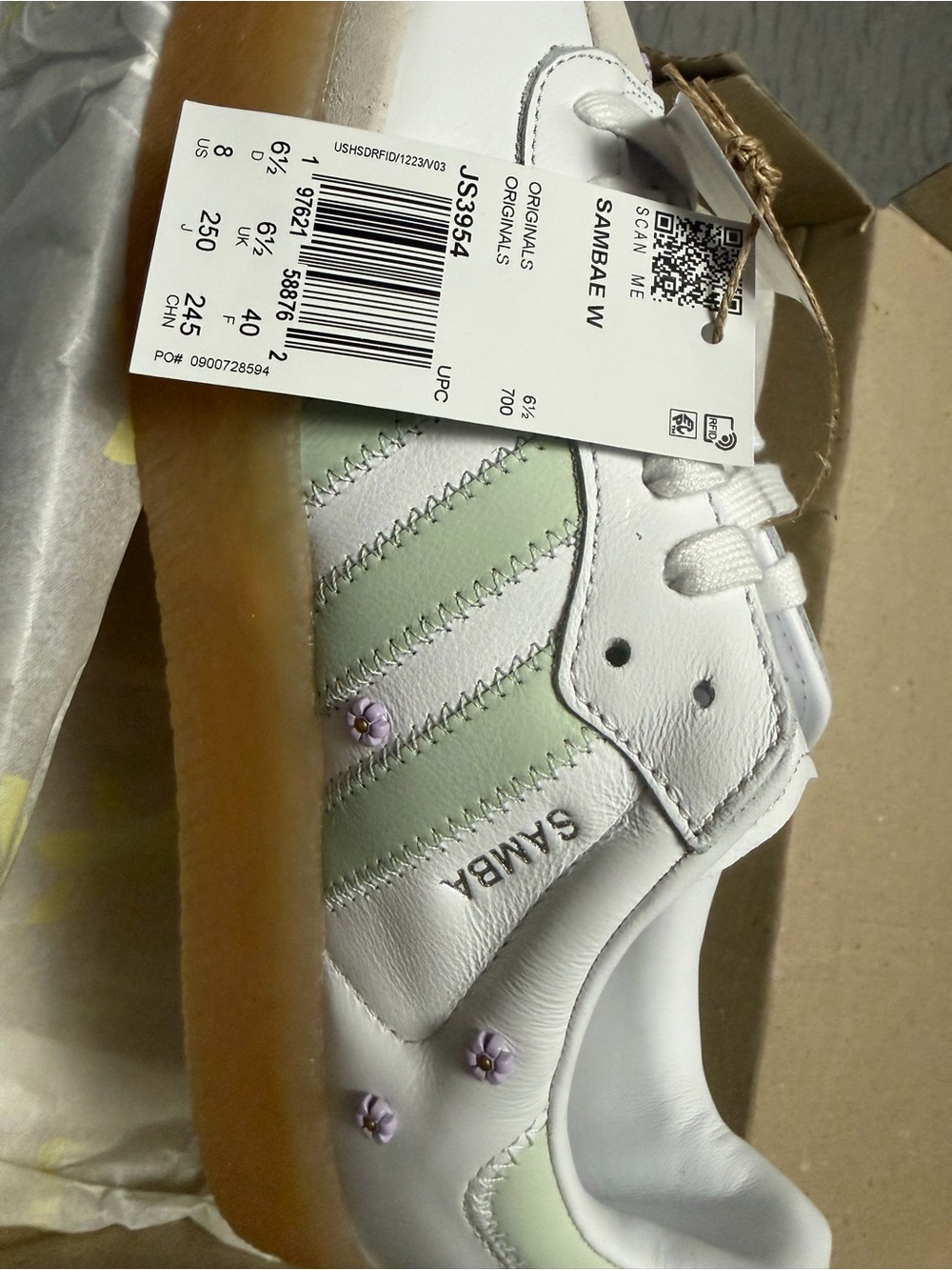 Adidas Samba White Leather Sneakers with Mint Stripes & Lilac Flower Accents NWT - Picture 2 of 7
